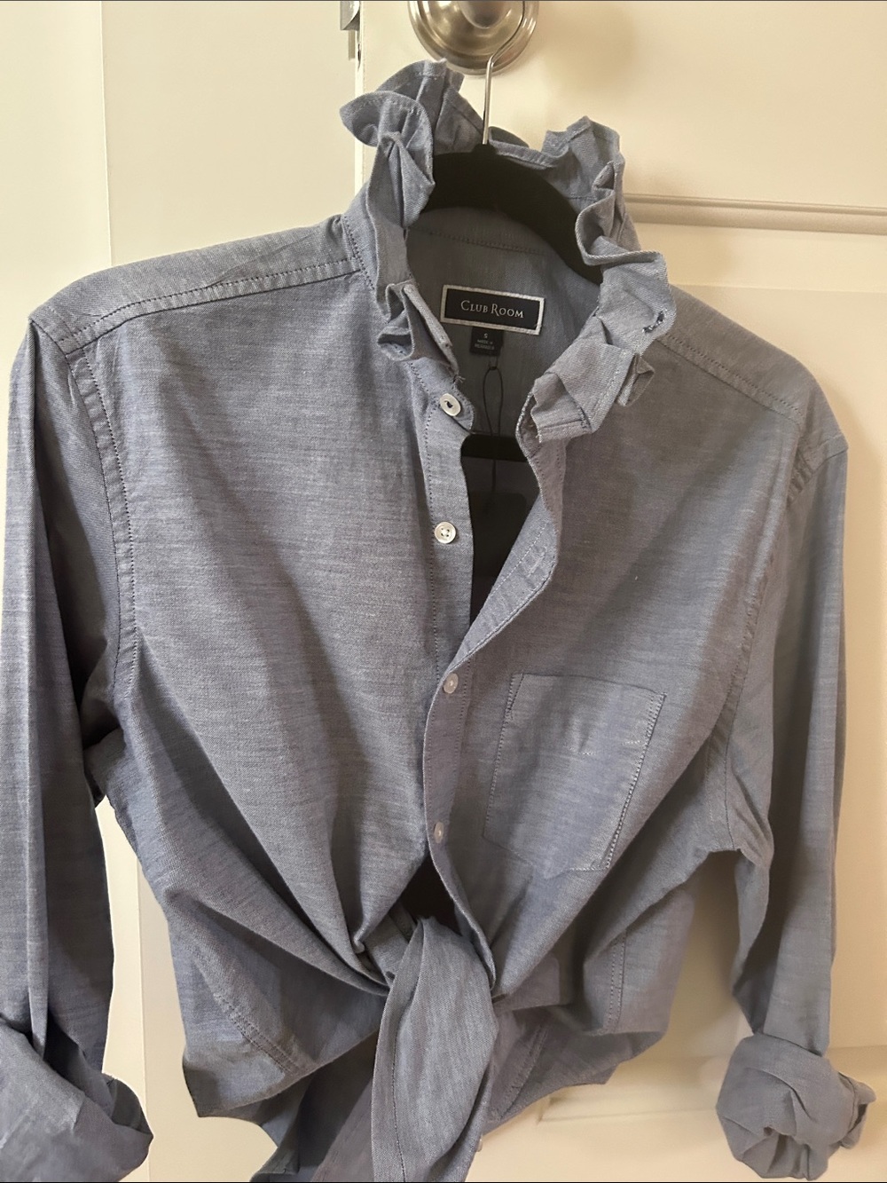 One of a kind Light Blue Ruffle-Collar Button-Down Shirt recreated for a woman